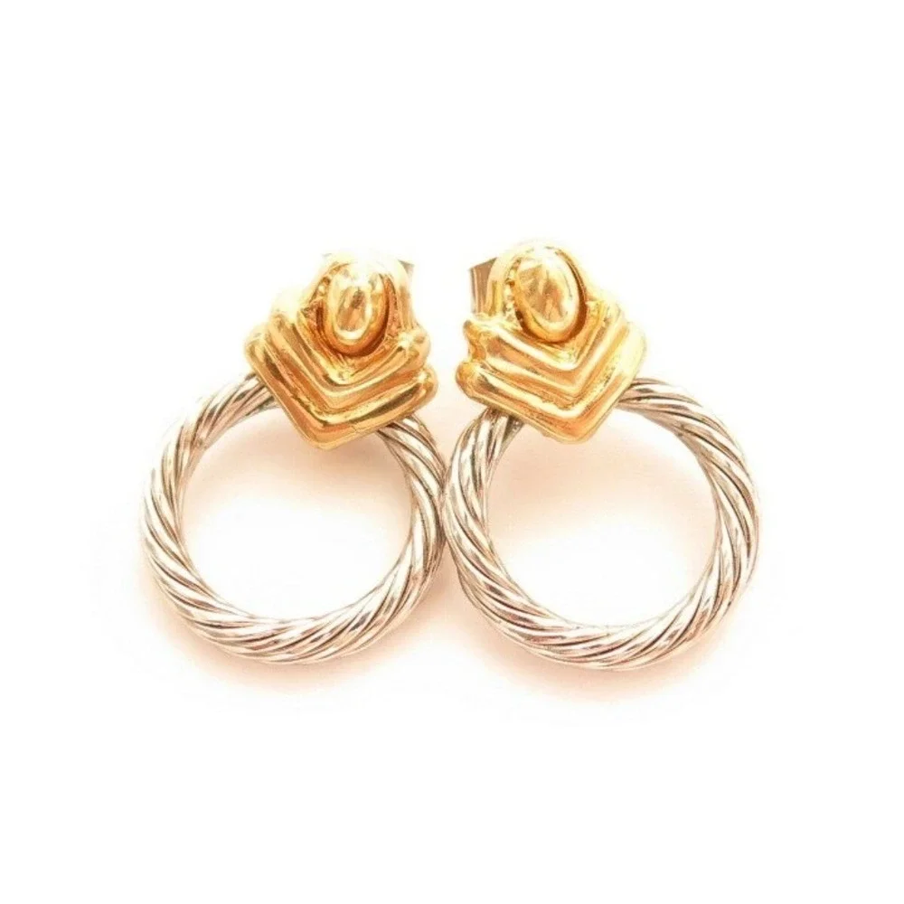 Vintage Two Tone Yellow White Gold Plated Celtic Cable Circle‎ Earrings